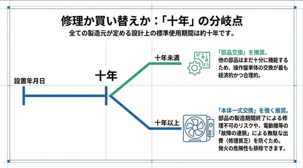 使用期間が10年未満なら部品交換、10年以上なら本体一式交換を推奨する図解スライド