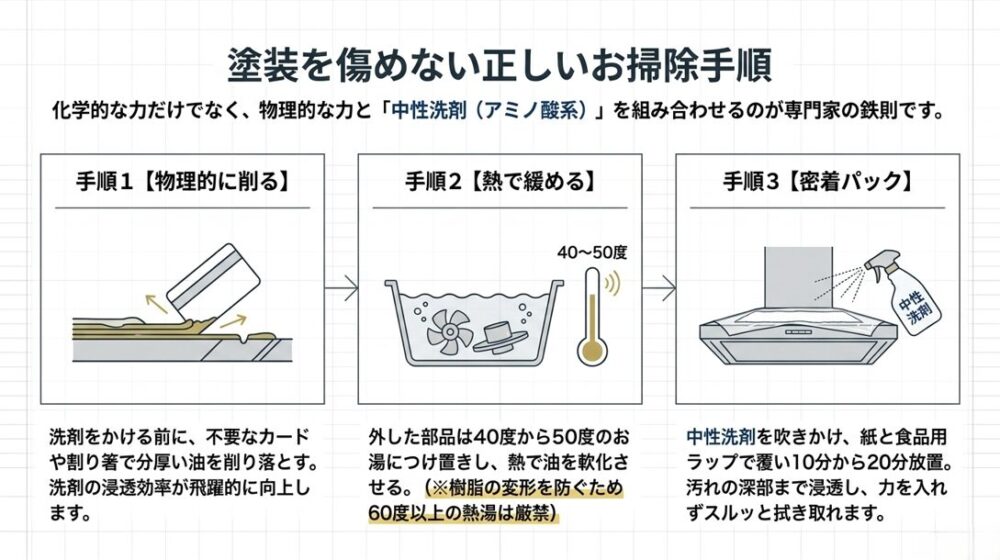 事前に物理的に削り、40から50度のお湯で緩め、中性洗剤で密着パックをするという、塗装を傷めない3つのお掃除手順の図解。