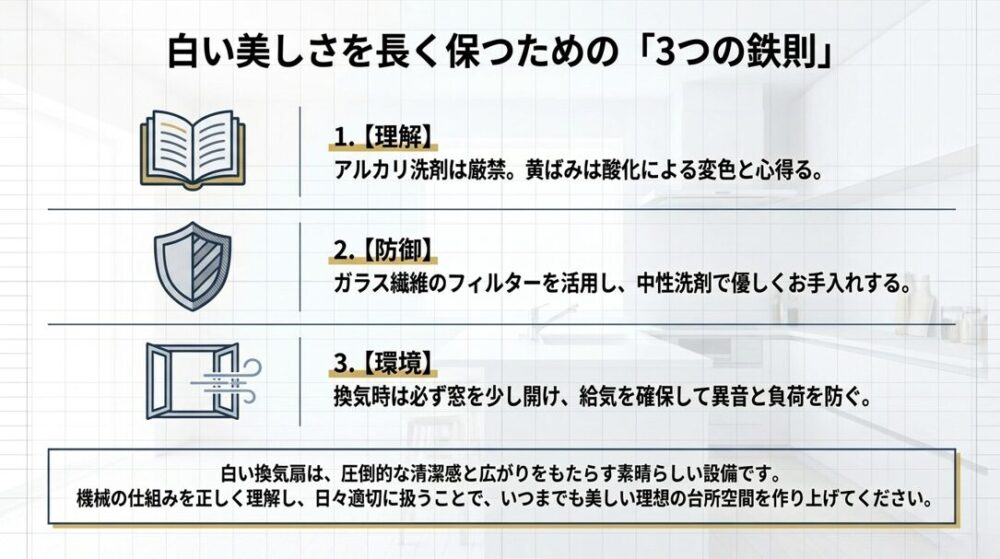 アルカリ洗剤を避ける理解、高性能フィルターでの防御、換気時の給気確保という、白い換気扇の美しさを長く保つための3つの鉄則のまとめ
