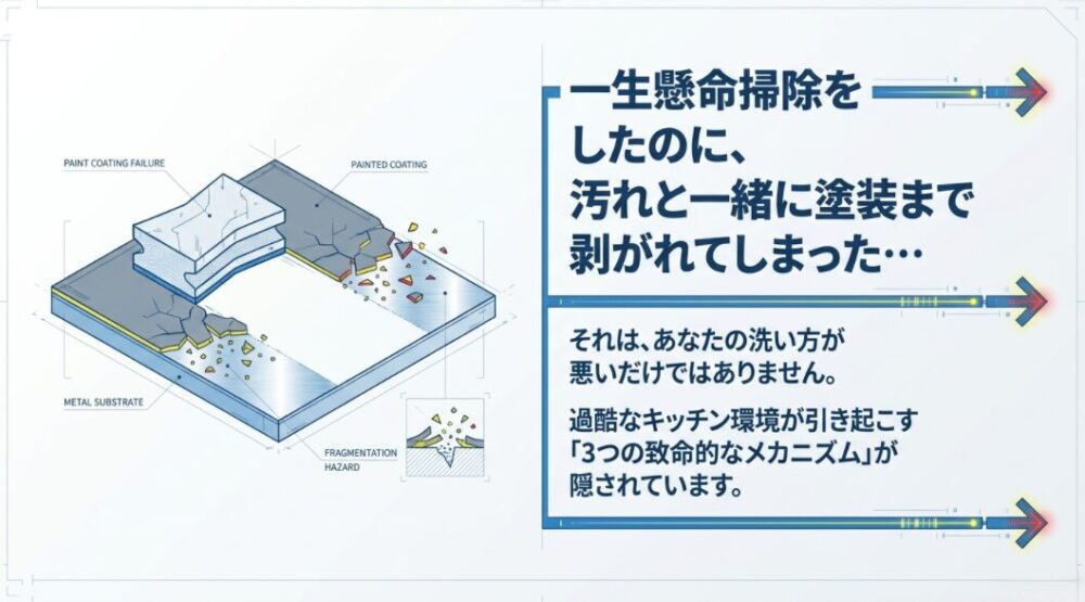 汚れと一緒に換気扇の塗装まで剥がれてしまう原因として、過酷なキッチン環境が引き起こす3つの致命的なメカニズムが隠されていることを示す図解。
