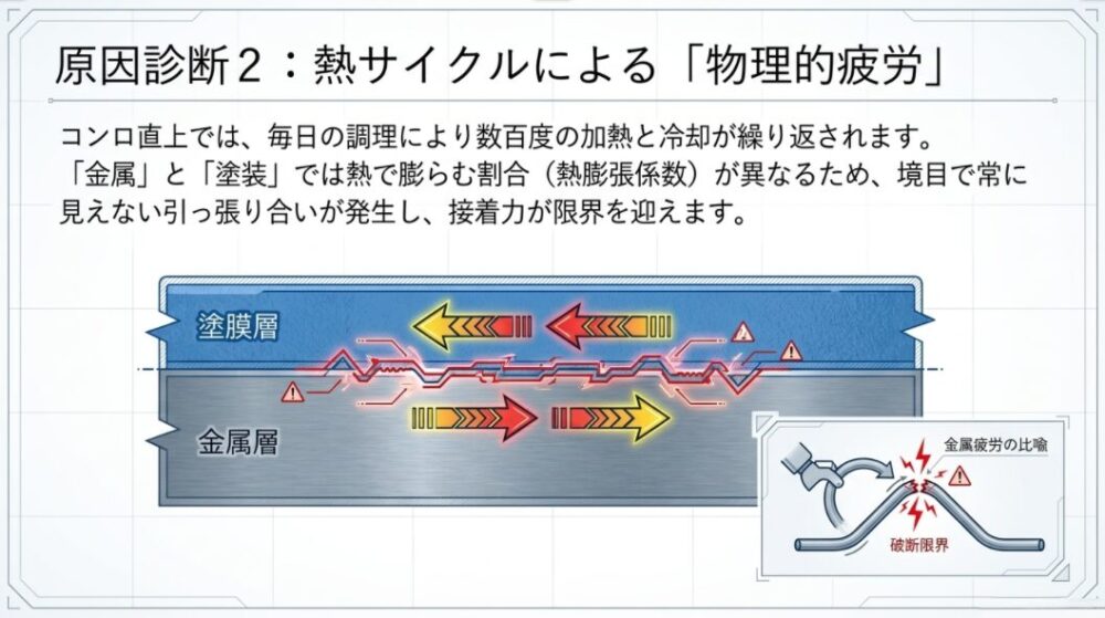 コンロ直上の加熱と冷却の繰り返しにより、熱膨張率の異なる金属層と塗膜層の境界で引っ張り合いが生じ、接着力が破断限界を迎える様子を示す金属疲労の図。