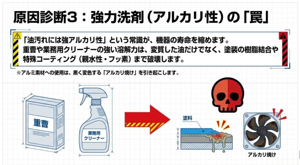 重曹や業務用クリーナーなどの強アルカリ性洗剤が、変質した油汚れだけでなく、換気扇の塗装の樹脂結合や特殊コーティングまで破壊してしまう危険性を解説する図。