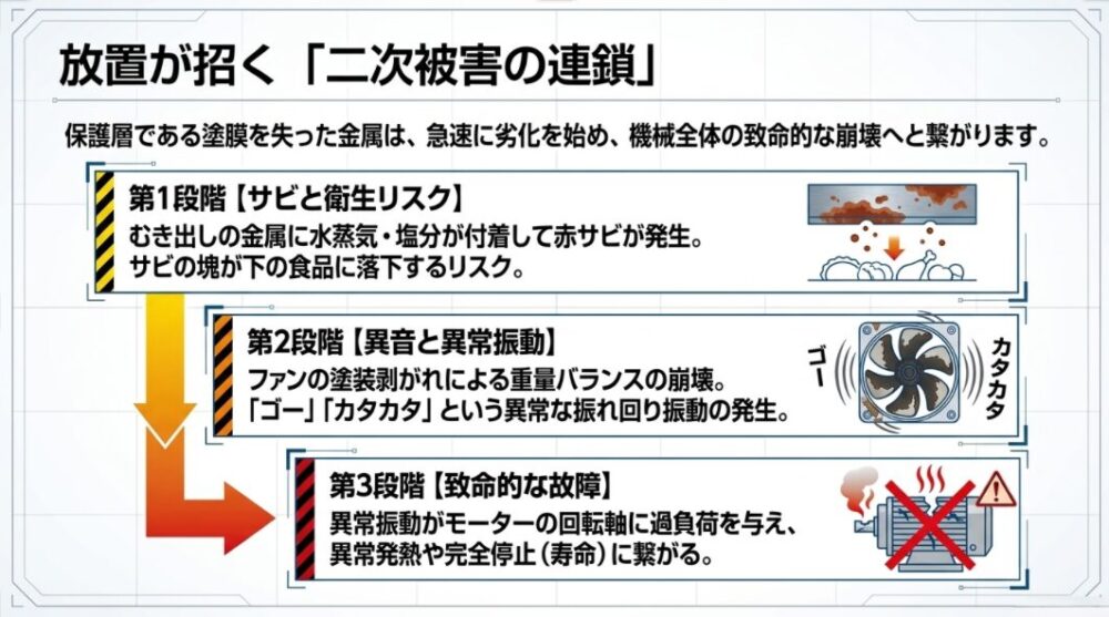 換気扇の塗装剥がれを放置することで、サビの発生からファンのアンバランスによる異常振動(異音)、そしてモーターの致命的な故障へと繋がる3段階の二次被害を示す図。