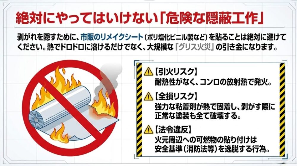 換気扇の塗装剥がれを市販のリメイクシートで隠す行為が、コンロの熱による引火リスクや粘着剤の固着による全損を引き起こす大変危険な行為であることを警告する禁止マークの図