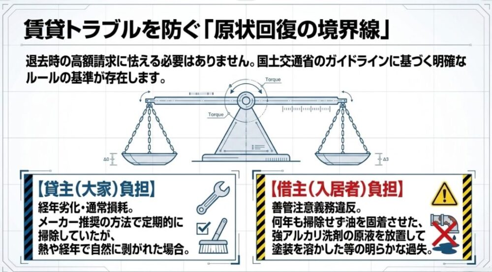 賃貸退去時の修繕費用について、経年劣化は貸主負担となる一方、掃除の怠慢や強アルカリ洗剤の放置などの過失は借主負担(善管注意義務違反)となる境界線を示す天秤の図。