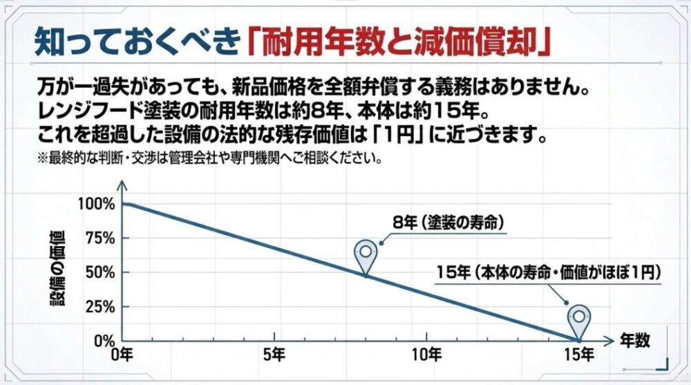 換気扇の設備価値が年数とともに減少し、塗装の寿命である8年、本体の寿命である15年を超過すると法的な残存価値がほぼ1円に近づくことを示す減価償却のグラフ。