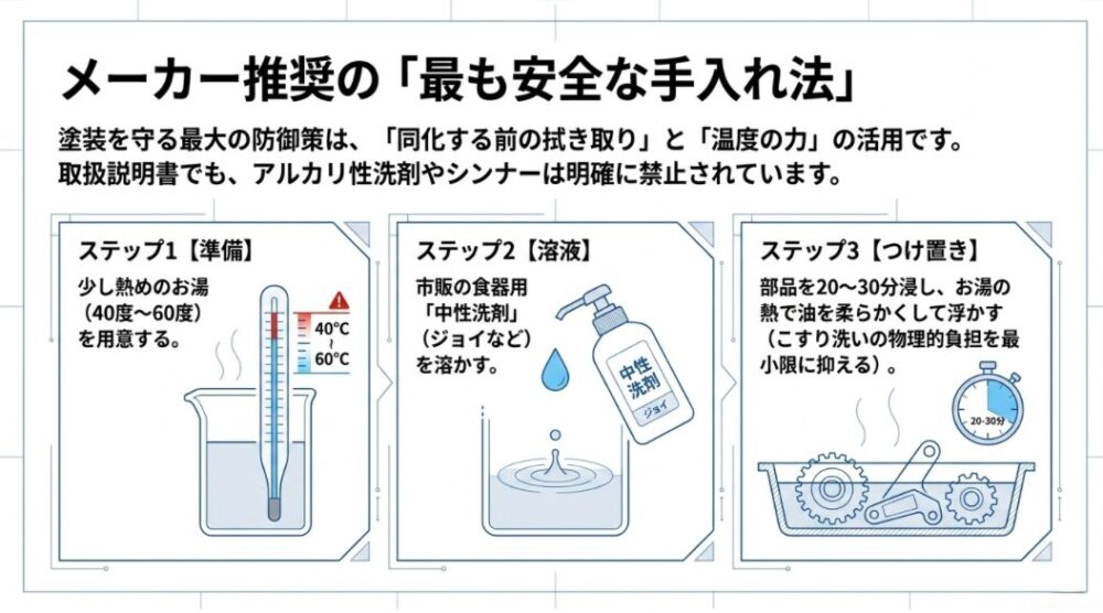 40度から60度のお湯に食器用中性洗剤(ジョイなど)を溶かし、換気扇の部品を20〜30分つけ置きして油汚れを浮かせる安全なお手入れ方法の3ステップ図。