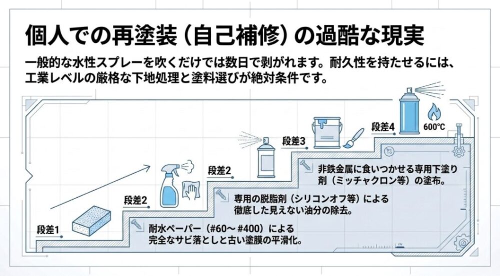 耐久性のある再塗装を行うための、耐水ペーパーでの研磨、専用脱脂剤による油分除去、非鉄金属用下塗り剤の塗布、耐熱スプレーの使用という厳格な4つのステップを示す図解。