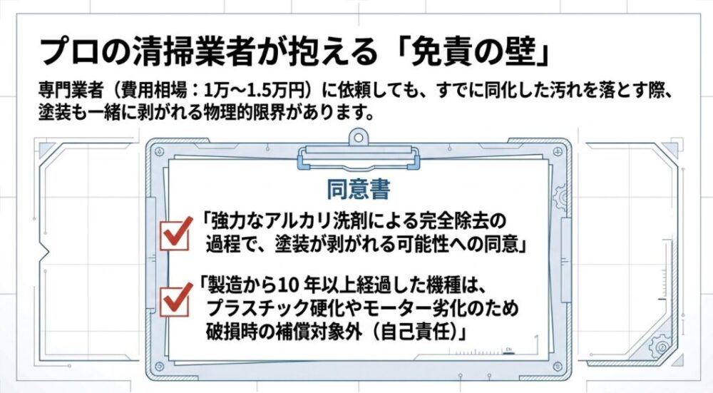 プロの業者に清掃を依頼しても、強力な洗剤で塗装が剥がれる可能性への同意や、製造から10年以上経過した古い機種の破損は補償対象外となる免責事項が存在することを示す書類の図。