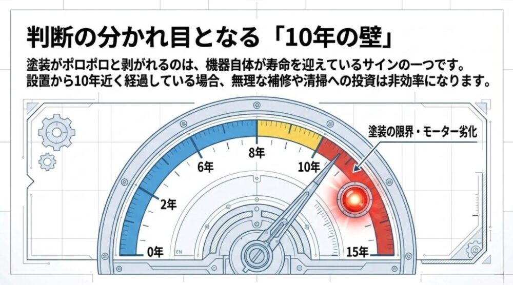 換気扇の設置から10年が経過すると、塗装の限界やモーターの劣化が進み、機器自体が寿命のサインを迎えることを示すメーター図。
