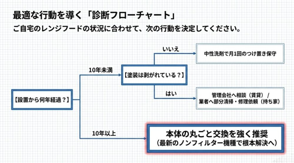 設置からの年数(10年未満か以上か)と塗装剥がれの有無に応じて、中性洗剤で掃除するか、管理会社・業者へ相談するか、本体を丸ごと交換するか、最適な行動を導き出す診断フローチャート。