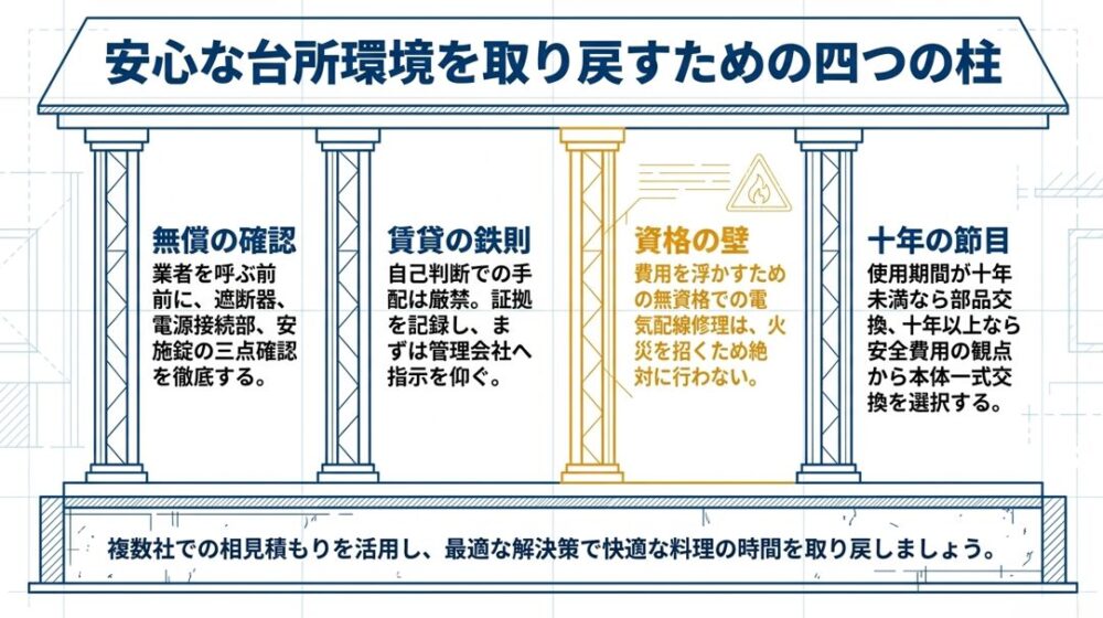 無償の確認、賃貸の鉄則、資格の壁、十年の節目の4つの重要ポイントをまとめたスライド