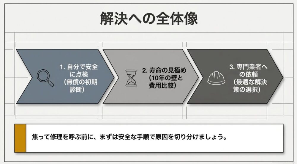 レンジフードの照明がつかない問題に対する解決への全体像を示したスライド。「1. 自分で安全に点検(無償の初期診断)」「2. 寿命の見極め(10年の壁と費用比較)」「3. 専門業者への依頼(最適な解決策の選択)」の3ステップと、「焦って修理を呼ぶ前に、まずは安全な手順で原因を切り分けましょう。」というメッセージが記載されています。