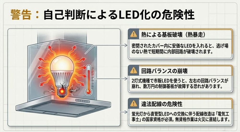 レンジフード内での自己判断によるLED化の危険性を警告するスライド。熱の逃げ場がないことによる基板破壊(熱暴走)、2灯式機種における回路バランスの崩壊、および無資格での違法配線の危険性について解説されています。