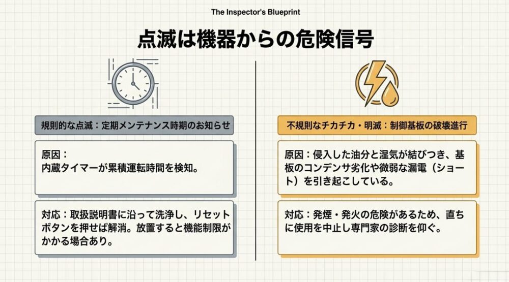 ランプの点滅パターンによる故障診断のスライド。規則的な点滅は定期メンテナンス時期のお知らせである一方、不規則なチカチカや明滅は制御基板の破壊進行を示しており、発煙・発火の危険があるため直ちに使用を中止するよう警告しています。