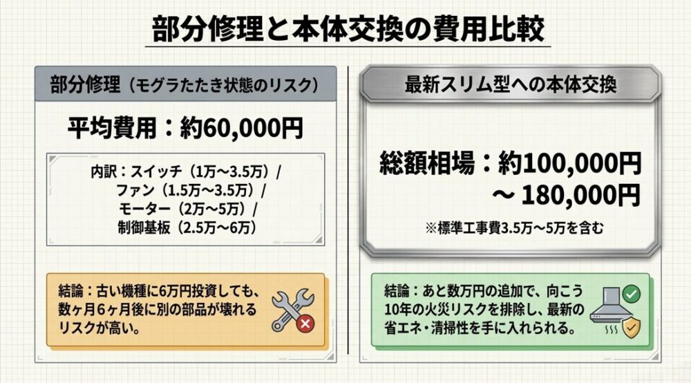 古いレンジフードの部分修理と最新スリム型への本体交換の費用比較スライド。約6万円かかる部分修理はモグラたたき状態のリスクがある一方、総額約10万〜18万円の交換は向こう10年の火災リスクを排除でき、追加費用を払う価値があるという結論が記載されています。