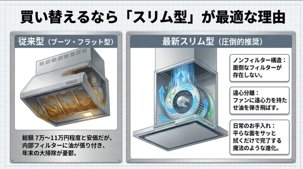従来型(ブーツ・フラット型)と最新スリム型の比較スライド。スリム型はノンフィルター構造で面倒なフィルターが存在せず、ファンに遠心力を持たせて油を弾き飛ばすため、平らな面をサッと拭くだけで日常のお手入れが完了するという利点が挙げられています。