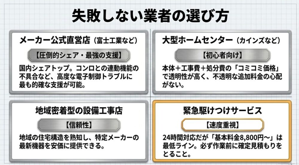 レンジフード交換業者の特徴をまとめたスライド。富士工業などのメーカー公式直営店(圧倒的シェア・最強の支援)、地域密着型の設備工事店(信頼性)、大型ホームセンター(初心者向け・コミコミ価格)、緊急駆けつけサービス(速度重視)の4つの依頼先の強みと注意点が整理されています。