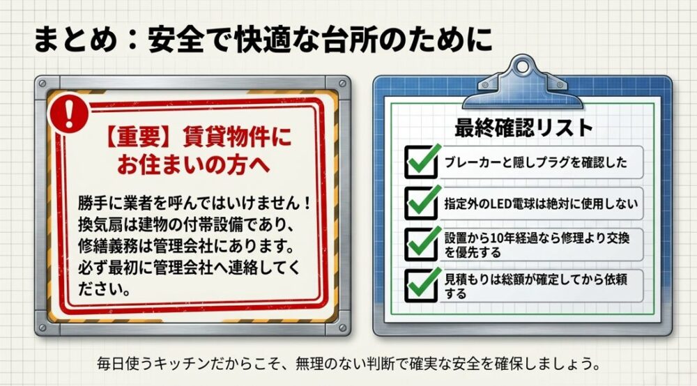 安全で快適な台所のためのまとめスライド。賃貸物件の場合は勝手に業者を呼ばず管理会社へ連絡するよう強く注意喚起されています。また、ブレーカーの確認、指定外LEDの不使用、10年経過時の交換優先、総額確定後の依頼といった最終確認リストが記載されています。