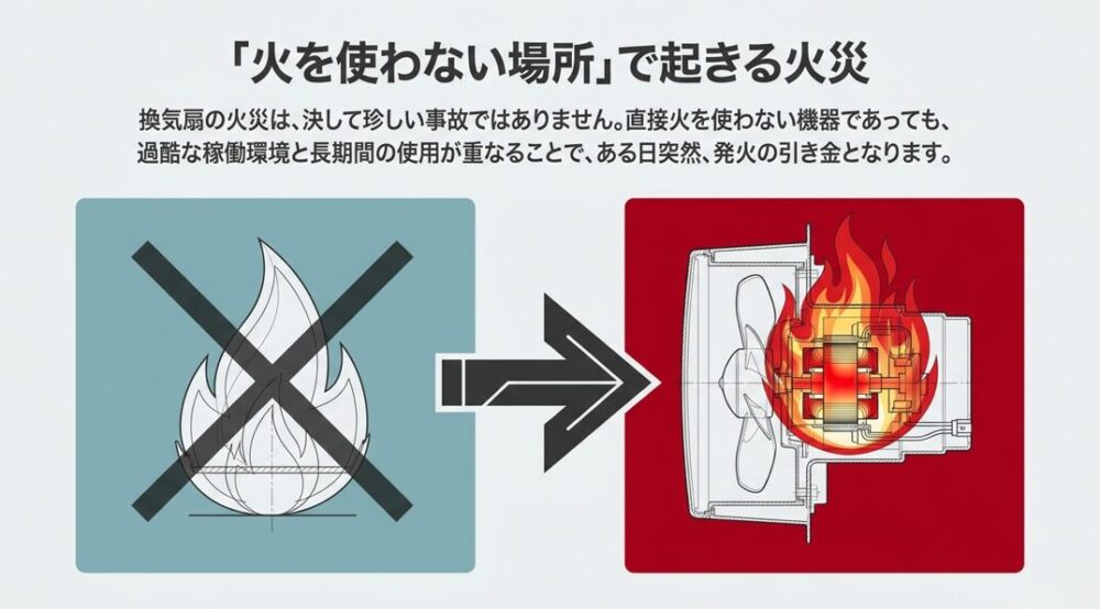 換気扇の火災は過酷な稼働環境と長期間の使用が重なり発火の引き金になることを説明したスライド。直接火を使わない機器から発火するイメージイラスト。