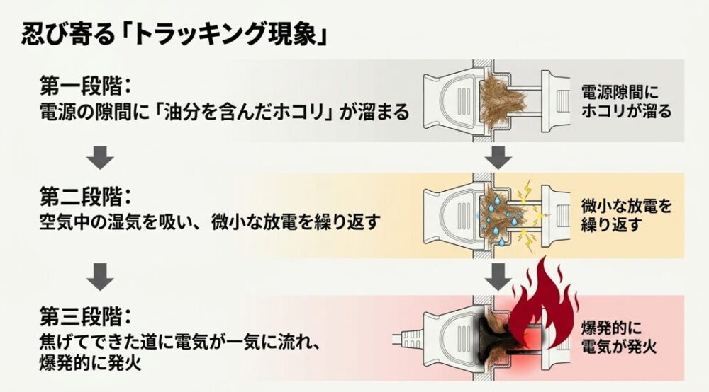 トラッキング現象の3段階を解説したスライド。第一段階で電源の隙間にホコリが溜まり、第二段階で湿気を吸い微小な放電を繰り返し、第三段階で一気に電気が流れ爆発的に発火する仕組みを図解。
