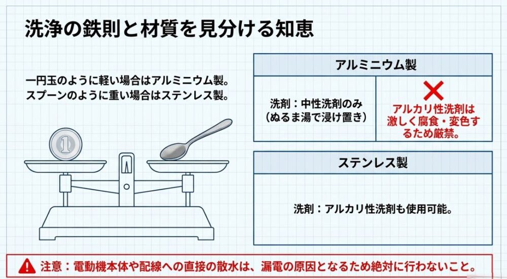 1円玉とスプーンを使った換気扇部品の材質(アルミ製かステンレス製か)の見分け方と、それぞれに適した洗剤の選び方を天秤で表した図解