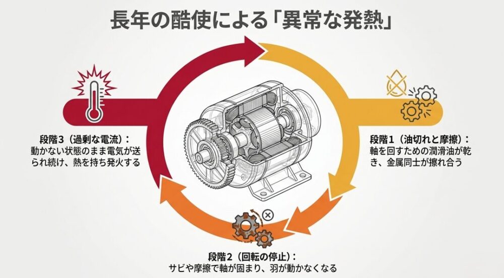 長年の酷使による異常発熱の段階をモーターの断面図とともに解説したスライド。油切れから始まり、軸が固まって回転が停止し、過剰な電流が流れて発火するまでの流れを説明