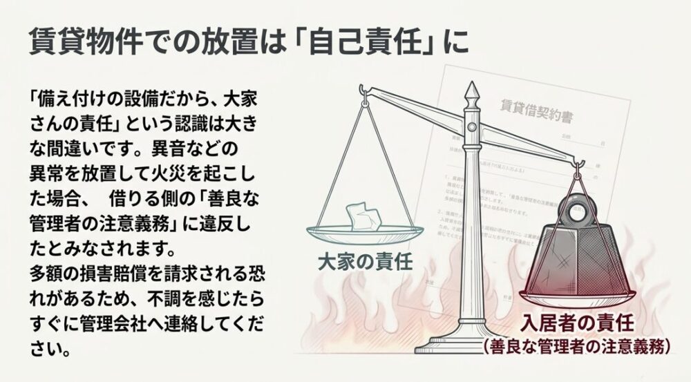 賃貸物件で異常を放置して火災を起こした場合、大家の責任ではなく入居者の責任(善良な管理者の注意義務違反)となり、多額の損害賠償を請求される恐れがあることを天秤のイラストで表現したスライド