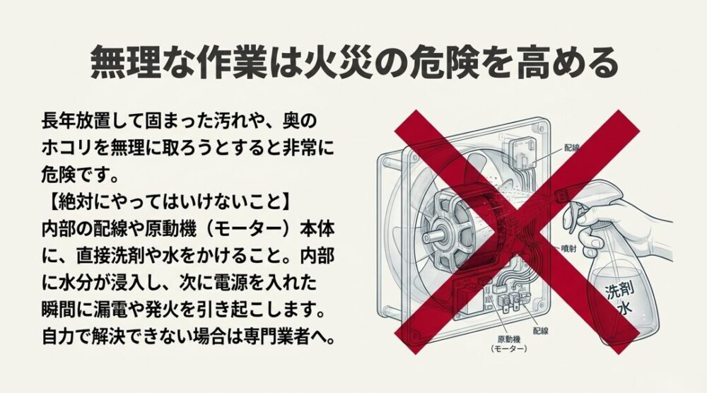 換気扇内部の配線やモーター本体に直接洗剤や水をスプレーしてはいけないことを警告するスライド。漏電や発火を引き起こす危険性を、大きくバツ印をつけたイラストで強調