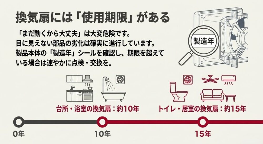換気扇には使用期限があることを知らせるスライド。台所や浴室の換気扇は約10年、トイレや居室は約15年が目安であり、本体の製造年シールの確認を促すイラスト