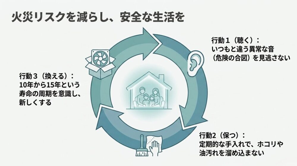 火災リスクを減らすための3つの行動(行動1:異常な音を見逃さない、行動2:定期的な手入れで保つ、行動3:10〜15年の寿命で新しく換える)のサイクルを図解したまとめのスライド