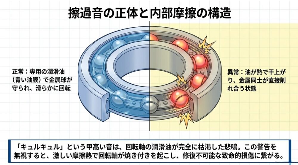 専用の潤滑油で守られた正常なベアリングと、油が枯渇して激しい摩擦熱を起こしている異常なベアリングの比較図