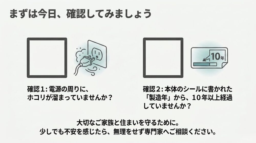 まずは今日、確認してみましょう」というメッセージと共に、電源周りのホコリの有無と、製造年から10年以上経過していないかの2点を確認するよう促すスライド