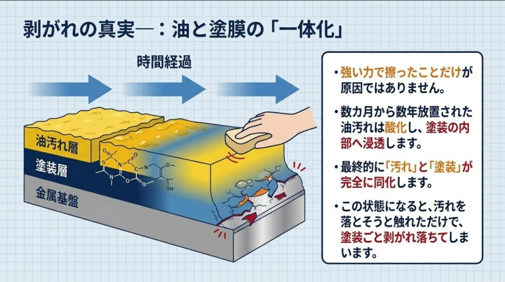 時間経過とともに油汚れが酸化して塗装の内部へ浸透する様子を図解しています。最終的に汚れと塗装が完全に同化してしまうメカニズムを説明したスライドです。