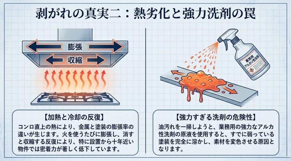 コンロ直上の熱による膨張と収縮の反復により密着力が低下する現象を図解しています。また、業務用アルカリ性洗剤によって弱った塗装が完全に溶ける危険性を説明したスライドです。