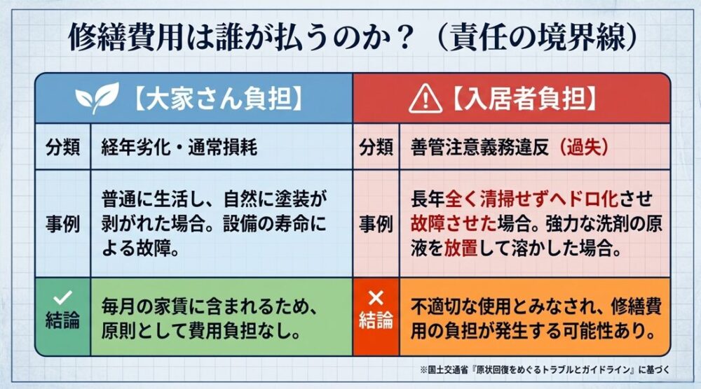 経年劣化や通常損耗は原則として大家さん負担になることを説明しています。一方で、長年の清掃怠慢などの善管注意義務違反は入居者負担となる可能性をまとめたスライドです。