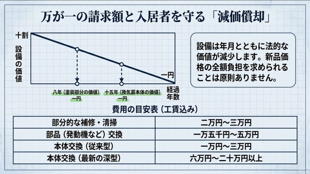 塗装部分は8年、換気扇本体は15年で法的な価値が1円になる減価償却の仕組みを図解しています。また、部分的な補修から本体交換までにかかる費用の目安をまとめたスライドです。
