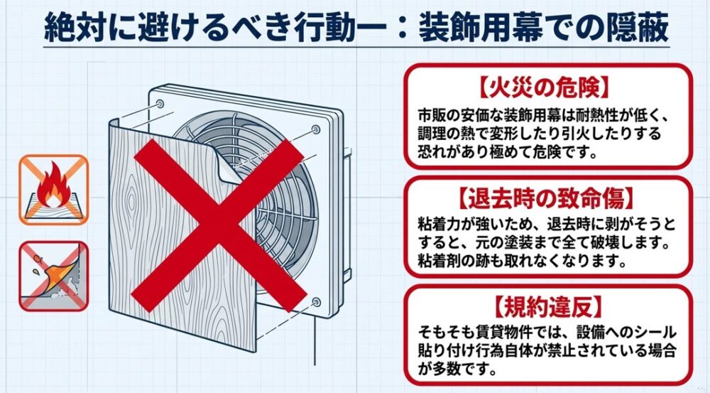 装飾用幕での隠蔽がもたらす火災の危険性を説明しています。また、退去時に元の塗装まで破壊する致命傷や、規約違反となるリスクについて警告するスライドです。