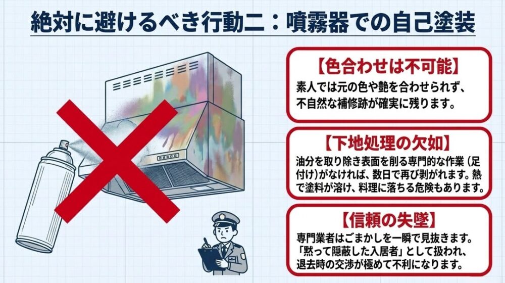噴霧器による自己塗装の色合わせは不可能であることを説明しています。下地処理の欠如による再剥がれや、専門業者に見抜かれて信頼を失墜するリスクを警告するスライドです。