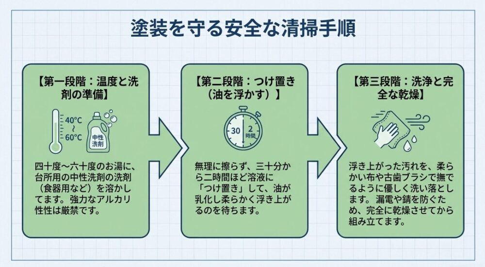40度から60度のお湯と中性洗剤を使用することを推奨しています。30分から2時間つけ置きして油を浮かせ、洗浄後に完全乾燥させるまでの清掃手順を図解したスライドです。