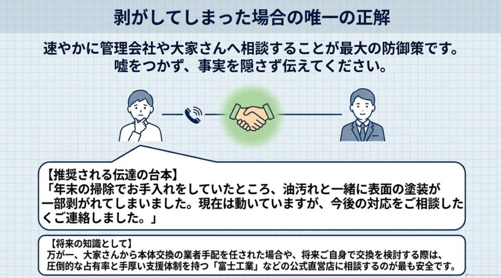 塗装を剥がしてしまった際は、速やかに管理会社や大家さんへ事実を隠さず相談することが最大の防御策であると説明しています。推奨される伝達の台本も紹介しているスライドです。