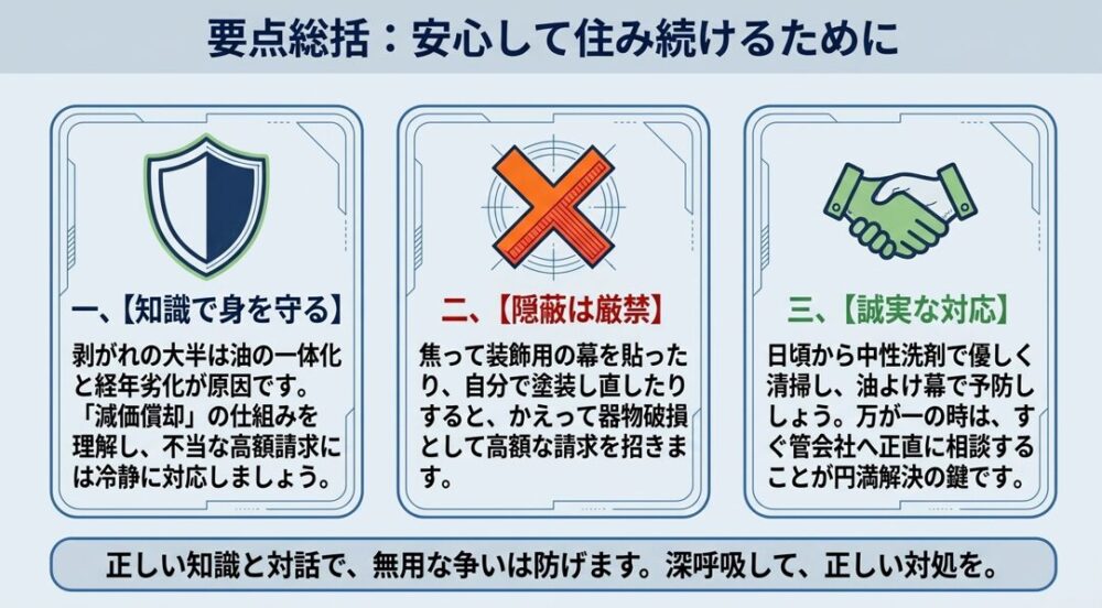 知識で身を守ること、隠蔽は厳禁であること、誠実な対応が必要であることの3つの要点を総括しています。正しい知識と対話で無用な争いは防げるとまとめたスライドです。