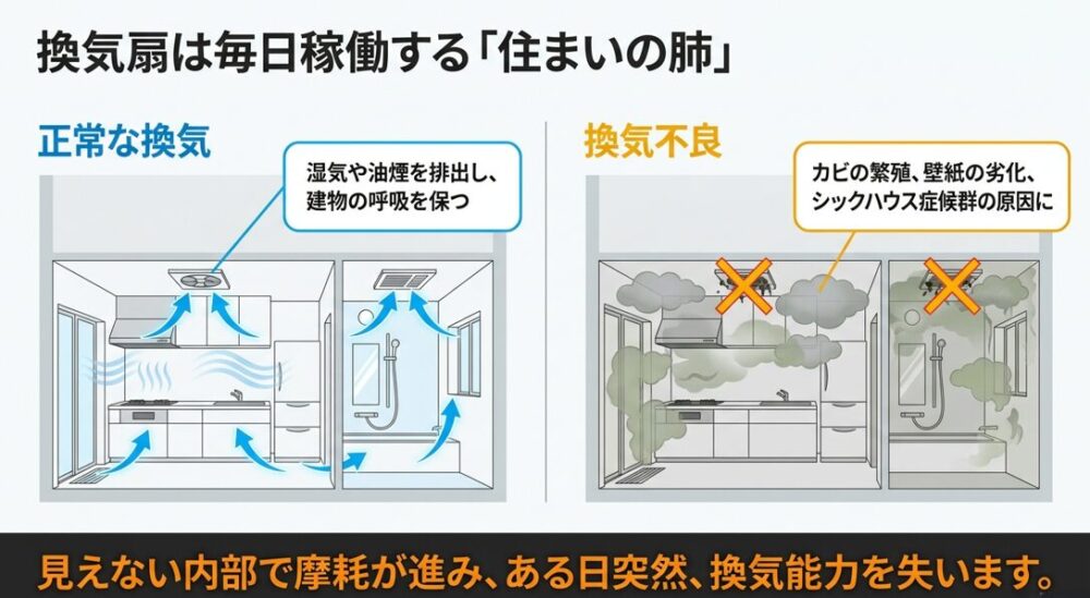 正常な換気と換気不良の違いを比較し、換気不良がカビの繁殖やシックハウス症候群の原因になることを説明する図解スライド