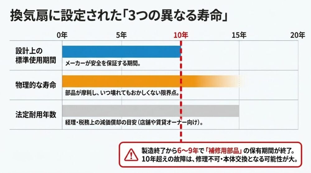 換気扇における「設計上の標準使用期間」「物理的な寿命」「法定耐用年数」という3つの寿命の違いと期間をまとめたグラフ