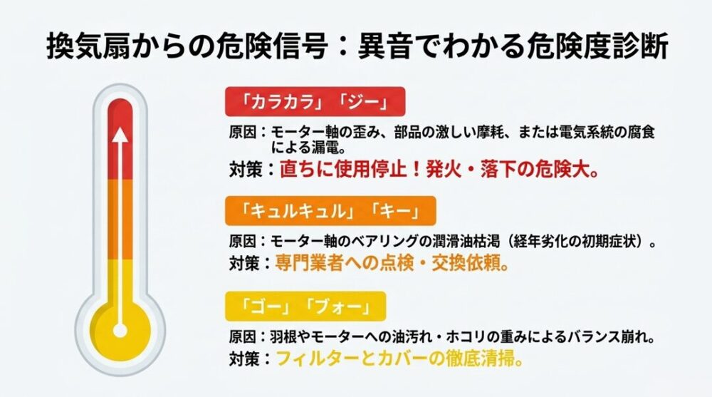 カラカラ・ジー、キュルキュル・キー、ゴー・ブォーなど、換気扇の異音の種類別に原因と対策をまとめた、温度計風の危険度診断図