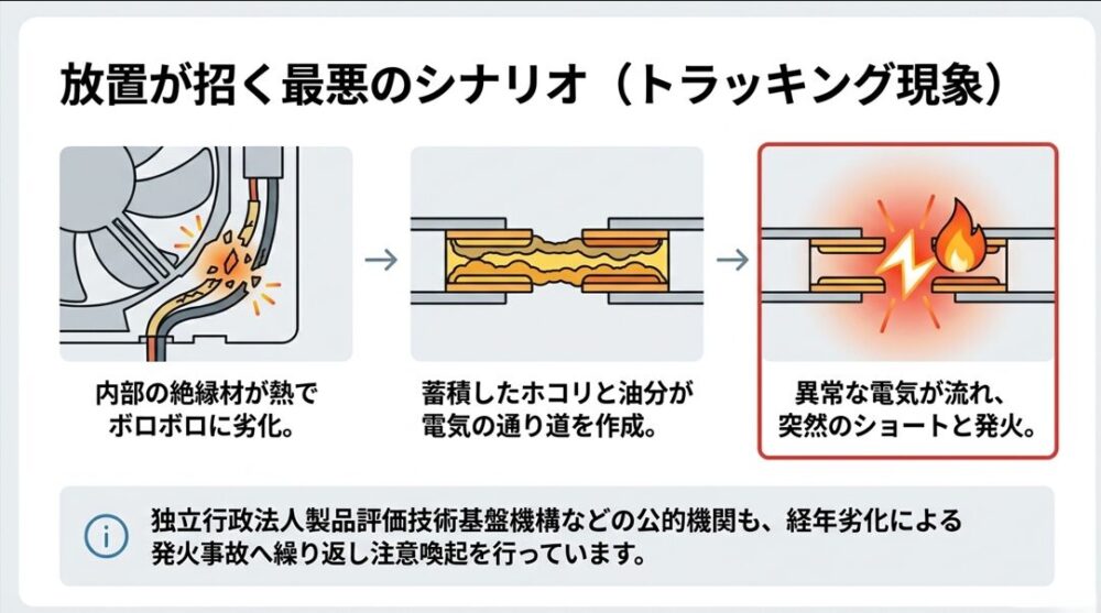 換気扇内部の絶縁材の劣化や蓄積したホコリと油分により、異常な電気が流れショートと発火に至るトラッキング現象の仕組みを解説したイラスト