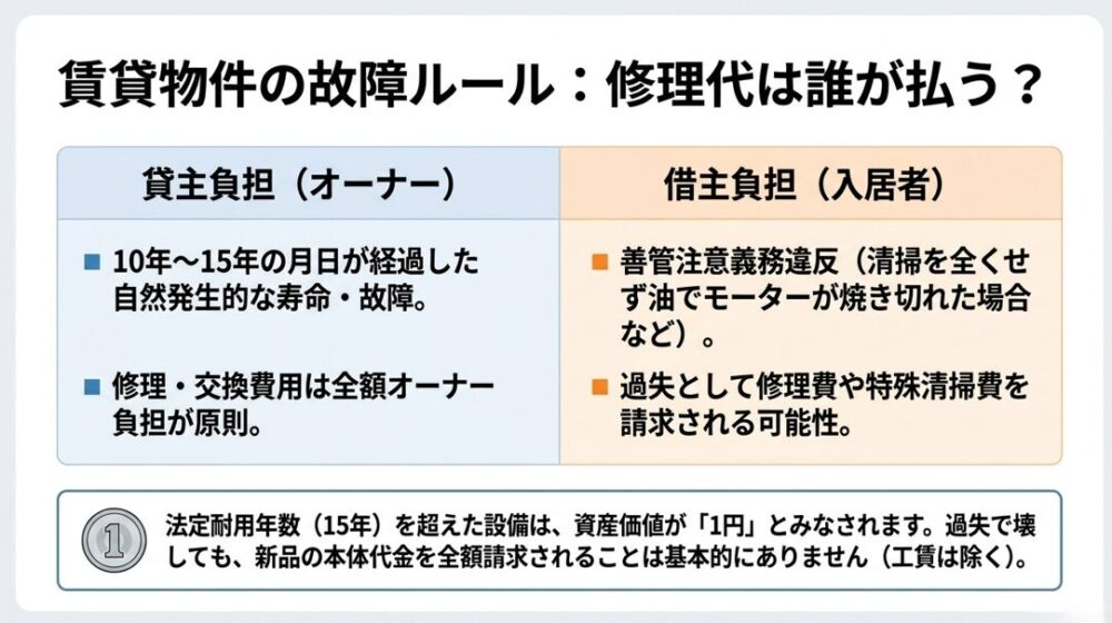 賃貸物件における換気扇の故障について、貸主負担となるケースと借主負担(善管注意義務違反)となるケースを比較解説した表