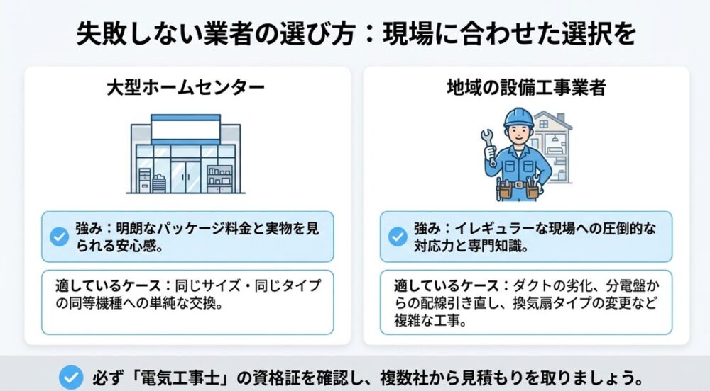大型ホームセンターと地域の設備工事業者それぞれの強みと、どのようなケースに適しているかを比較した業者選びのアドバイス図