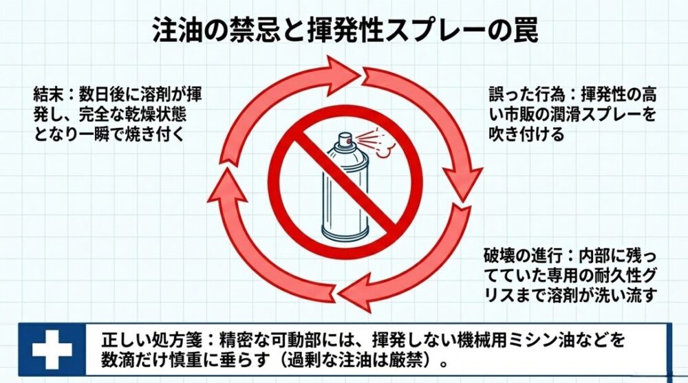 揮発性の高い潤滑スプレーの使用を禁止するマークと、誤った注油が専用グリスを洗い流し焼き付きを引き起こすメカニズムの解説図