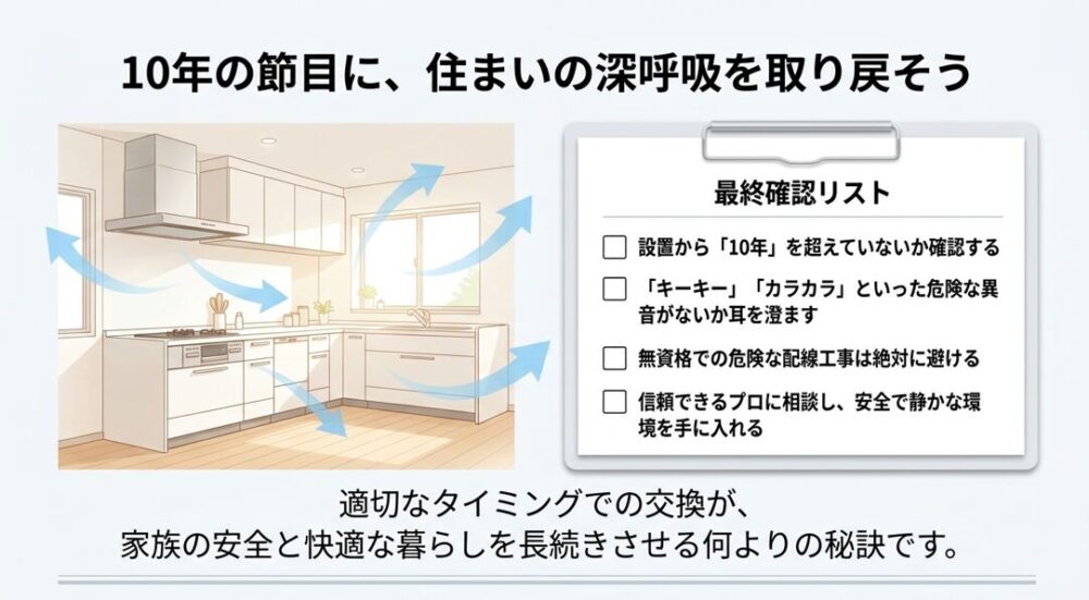 換気扇設置から10年の経過確認や危険な異音のチェックなど、安全な換気環境を維持するための最終確認リストとキッチンのイラスト